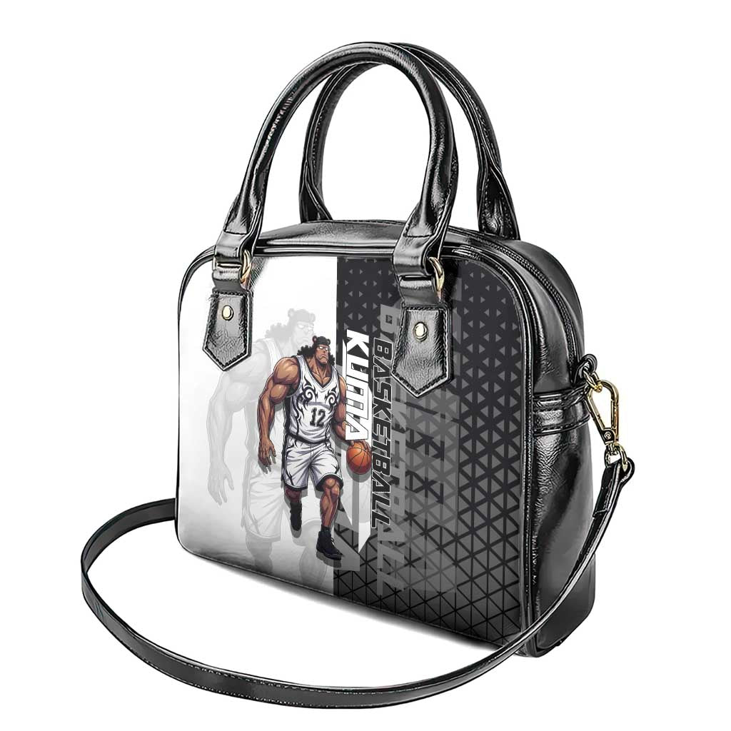 Bartholomew Kuma One Piece Basketball Crossover Design Shoulder Handbag with Monochrome Geometric Background and Dynamic Pose - The Mazicc