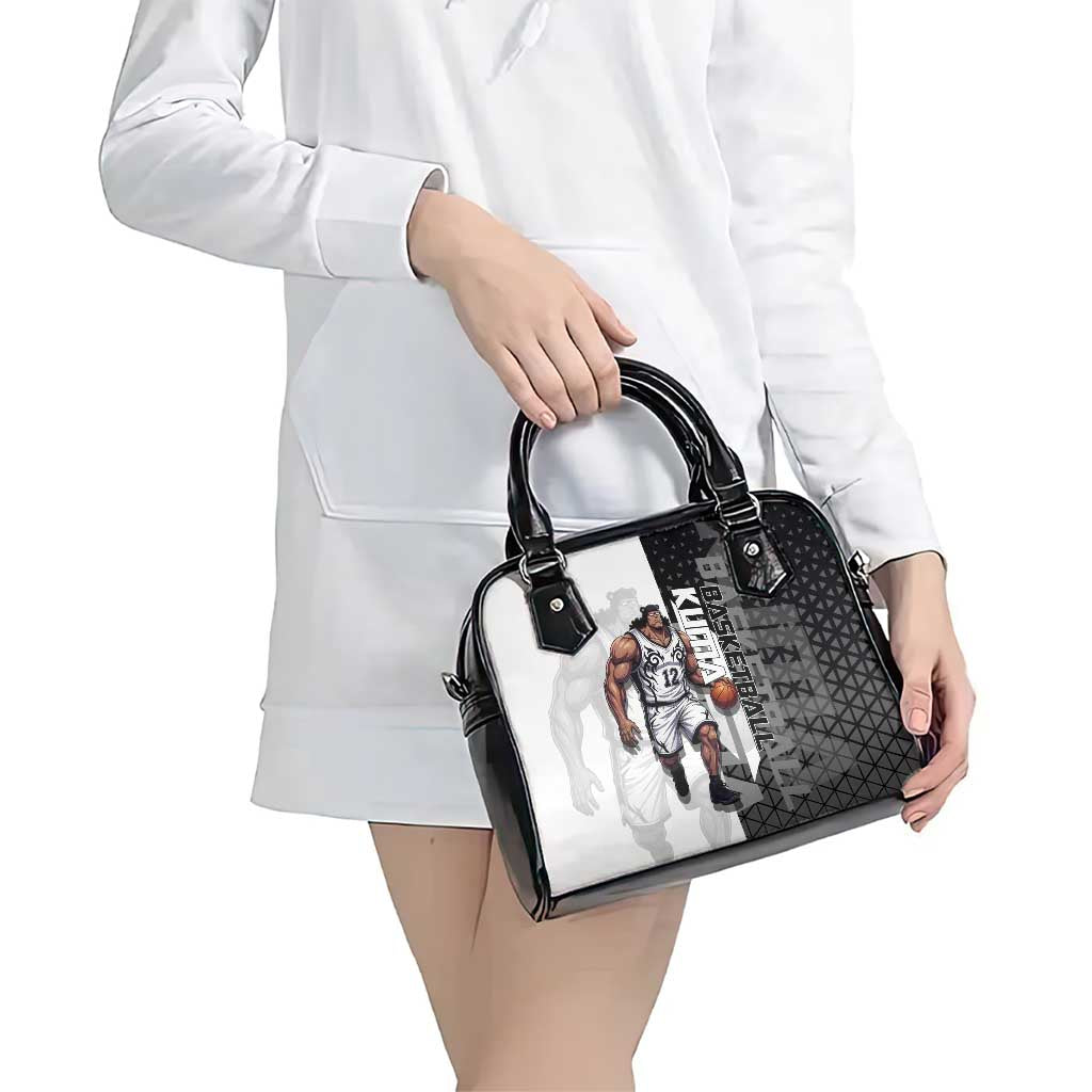 Bartholomew Kuma One Piece Basketball Crossover Design Shoulder Handbag with Monochrome Geometric Background and Dynamic Pose - The Mazicc