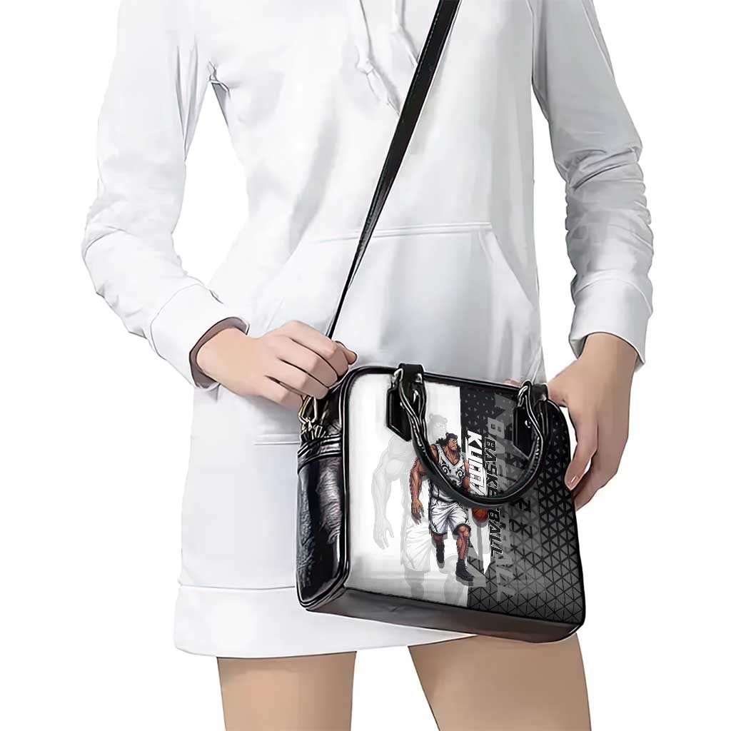 Bartholomew Kuma One Piece Basketball Crossover Design Shoulder Handbag with Monochrome Geometric Background and Dynamic Pose - The Mazicc