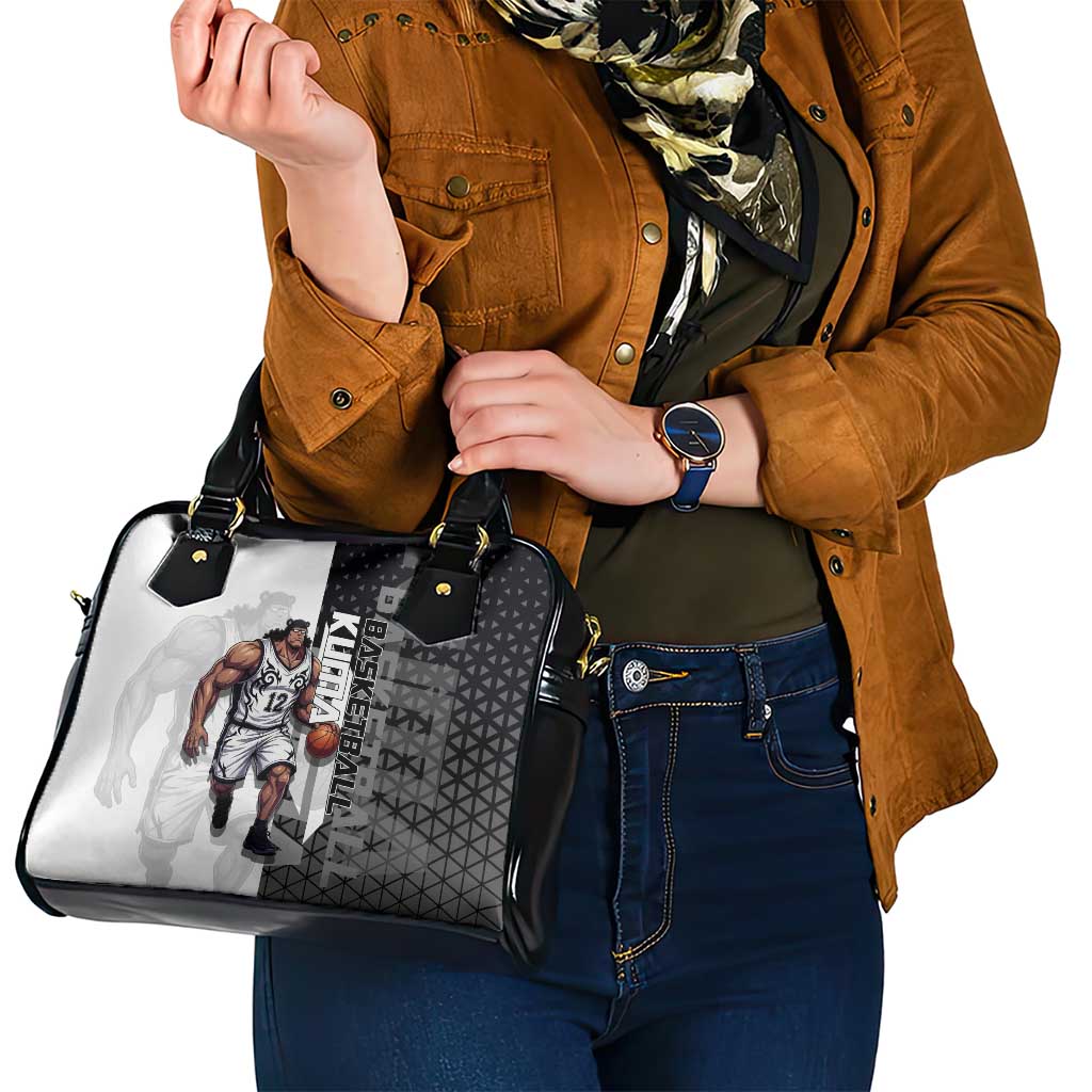 Bartholomew Kuma One Piece Basketball Crossover Design Shoulder Handbag with Monochrome Geometric Background and Dynamic Pose - The Mazicc