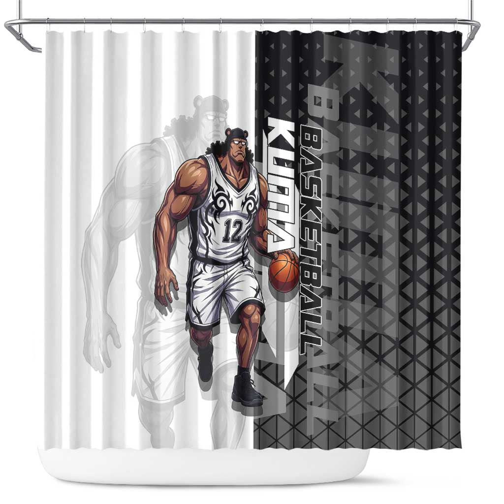 Bartholomew Kuma One Piece Basketball Crossover Design Shower Curtain with Monochrome Geometric Background and Dynamic Pose - The Mazicc