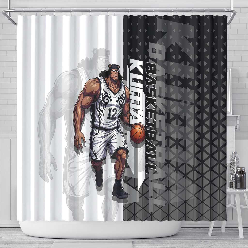 Bartholomew Kuma One Piece Basketball Crossover Design Shower Curtain with Monochrome Geometric Background and Dynamic Pose - The Mazicc