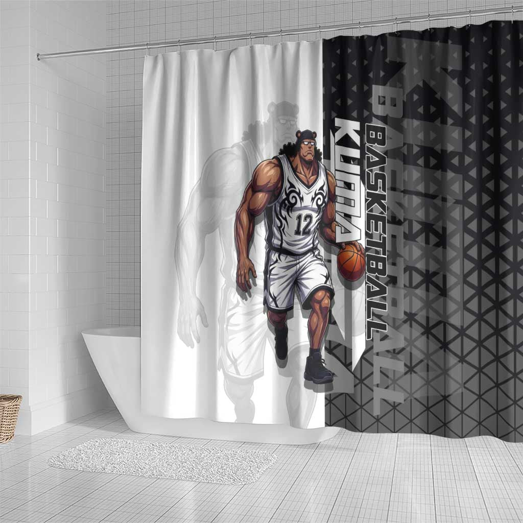 Bartholomew Kuma One Piece Basketball Crossover Design Shower Curtain with Monochrome Geometric Background and Dynamic Pose - The Mazicc