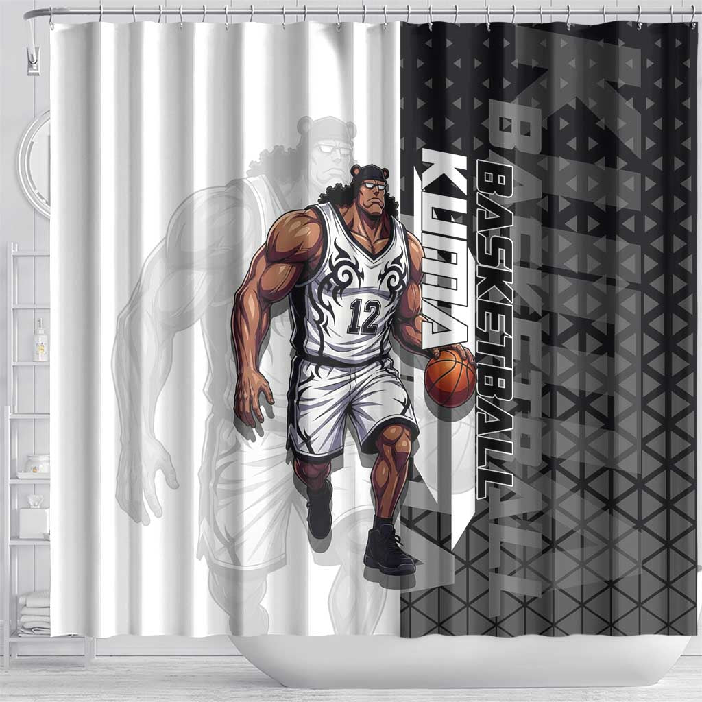 Bartholomew Kuma One Piece Basketball Crossover Design Shower Curtain with Monochrome Geometric Background and Dynamic Pose - The Mazicc