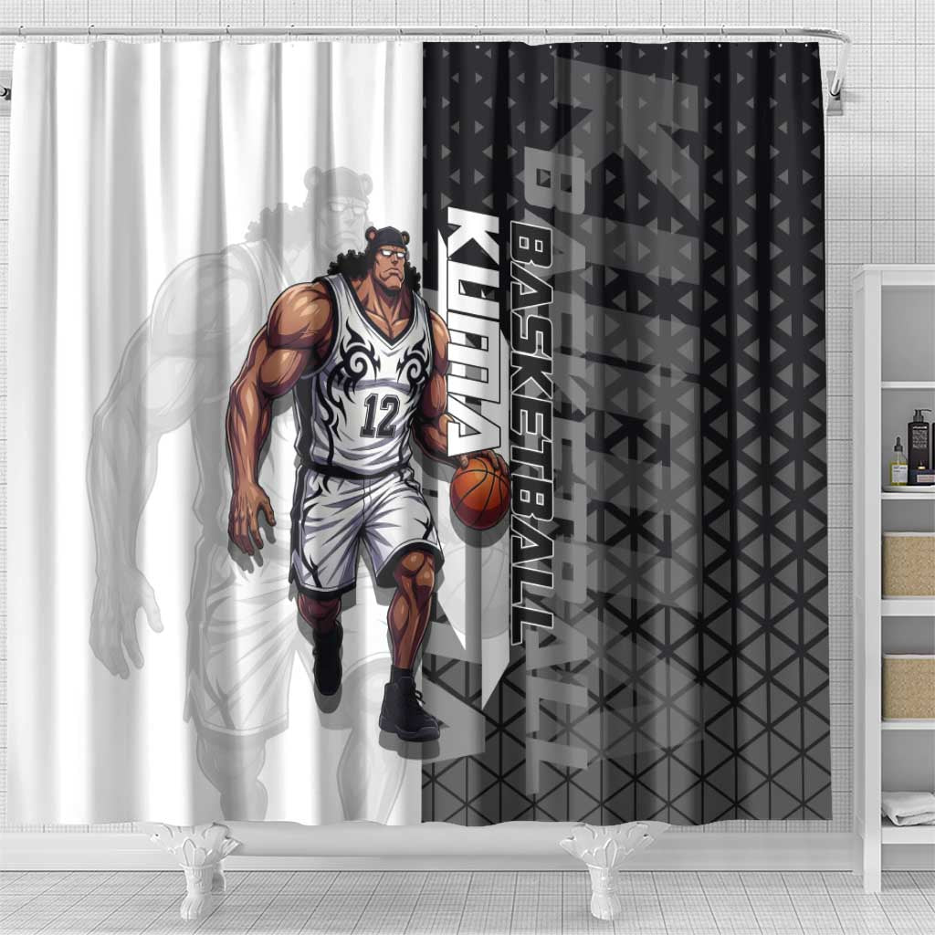 Bartholomew Kuma One Piece Basketball Crossover Design Shower Curtain with Monochrome Geometric Background and Dynamic Pose - The Mazicc