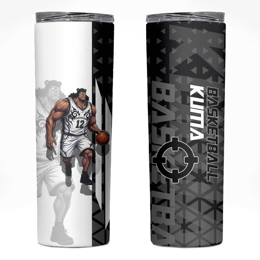 Bartholomew Kuma One Piece Basketball Crossover Design Skinny Tumbler with Monochrome Geometric Background and Dynamic Pose - The Mazicc