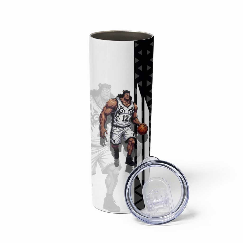 Bartholomew Kuma One Piece Basketball Crossover Design Skinny Tumbler with Monochrome Geometric Background and Dynamic Pose - The Mazicc