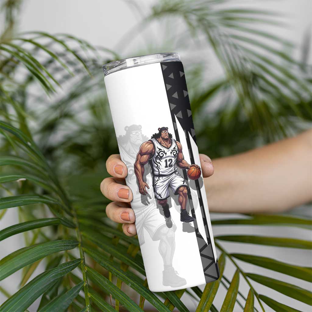 Bartholomew Kuma One Piece Basketball Crossover Design Skinny Tumbler with Monochrome Geometric Background and Dynamic Pose - The Mazicc