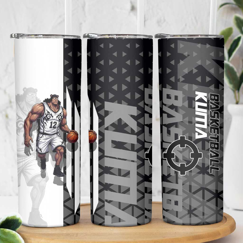 Bartholomew Kuma One Piece Basketball Crossover Design Skinny Tumbler with Monochrome Geometric Background and Dynamic Pose - The Mazicc