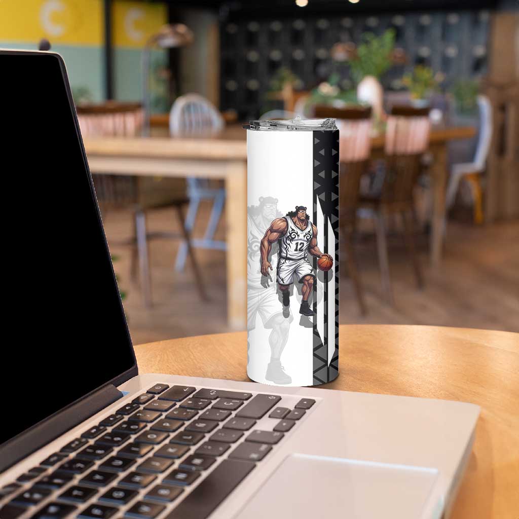 Bartholomew Kuma One Piece Basketball Crossover Design Skinny Tumbler with Monochrome Geometric Background and Dynamic Pose - The Mazicc