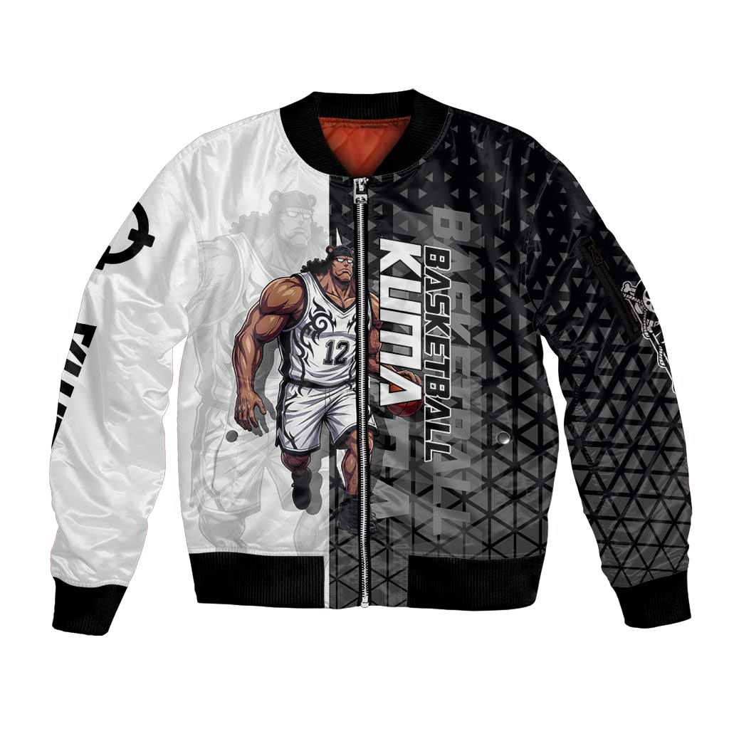 Bartholomew Kuma One Piece Basketball Crossover Design Sleeve Zip Bomber Jacket with Monochrome Geometric Background and Dynamic Pose - The Mazicc