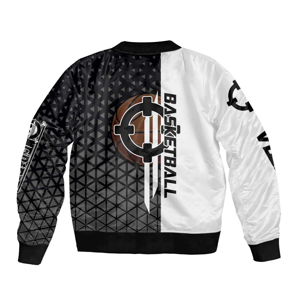 Bartholomew Kuma One Piece Basketball Crossover Design Sleeve Zip Bomber Jacket with Monochrome Geometric Background and Dynamic Pose - The Mazicc