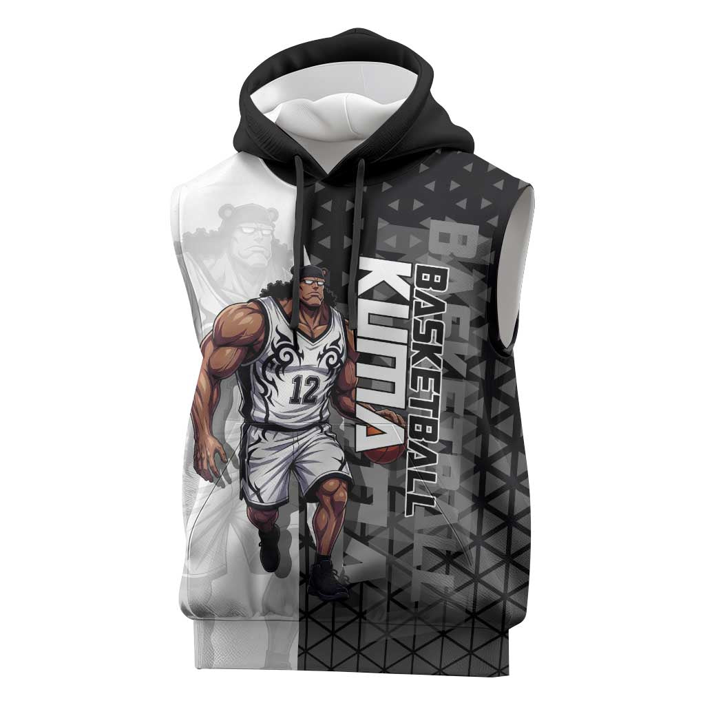 Bartholomew Kuma One Piece Basketball Crossover Design Sleeveless Hoodie with Monochrome Geometric Background and Dynamic Pose - The Mazicc