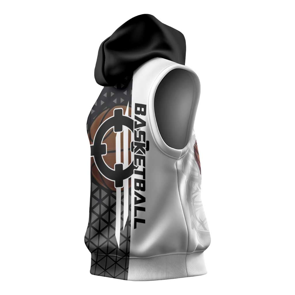 Bartholomew Kuma One Piece Basketball Crossover Design Sleeveless Hoodie with Monochrome Geometric Background and Dynamic Pose - The Mazicc
