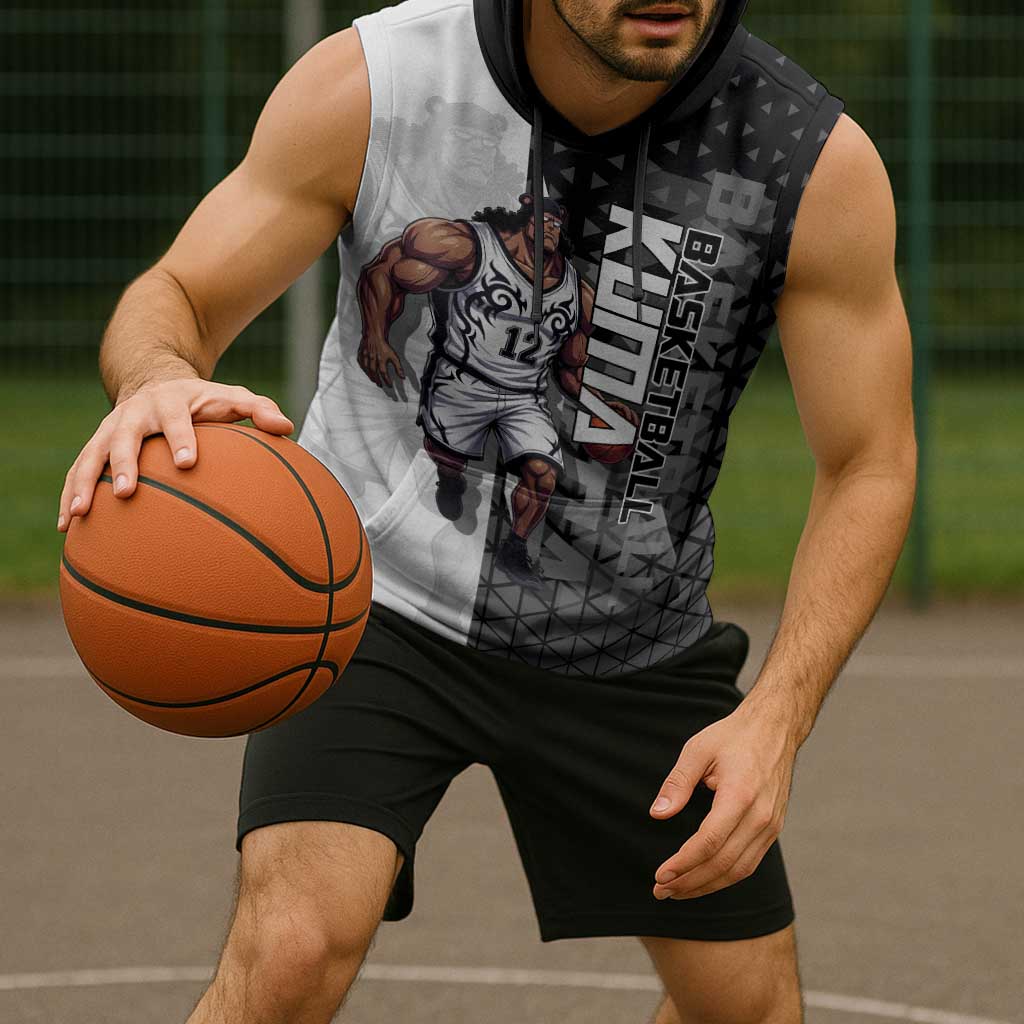 Bartholomew Kuma One Piece Basketball Crossover Design Sleeveless Hoodie with Monochrome Geometric Background and Dynamic Pose - The Mazicc