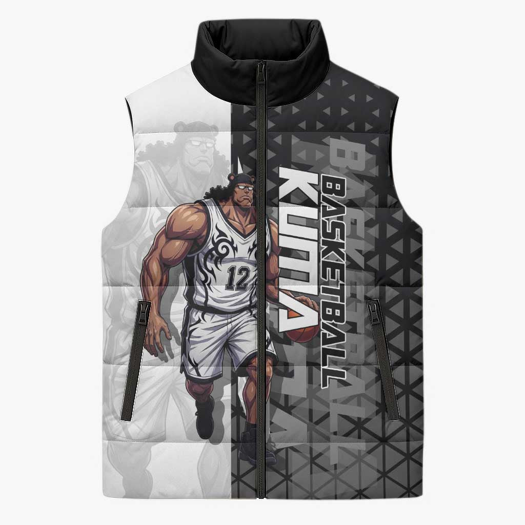 Bartholomew Kuma One Piece Basketball Crossover Design Sleeveless Puffer Jacket with Monochrome Geometric Background and Dynamic Pose - The Mazicc
