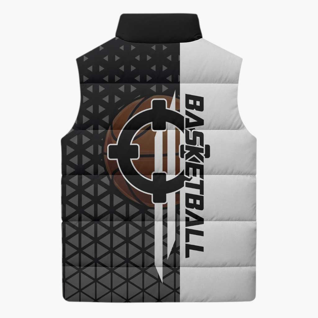 Bartholomew Kuma One Piece Basketball Crossover Design Sleeveless Puffer Jacket with Monochrome Geometric Background and Dynamic Pose - The Mazicc