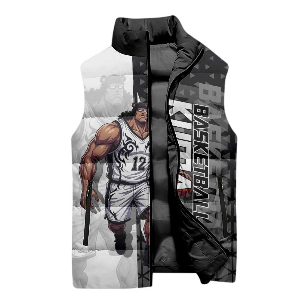 Bartholomew Kuma One Piece Basketball Crossover Design Sleeveless Puffer Jacket with Monochrome Geometric Background and Dynamic Pose - The Mazicc