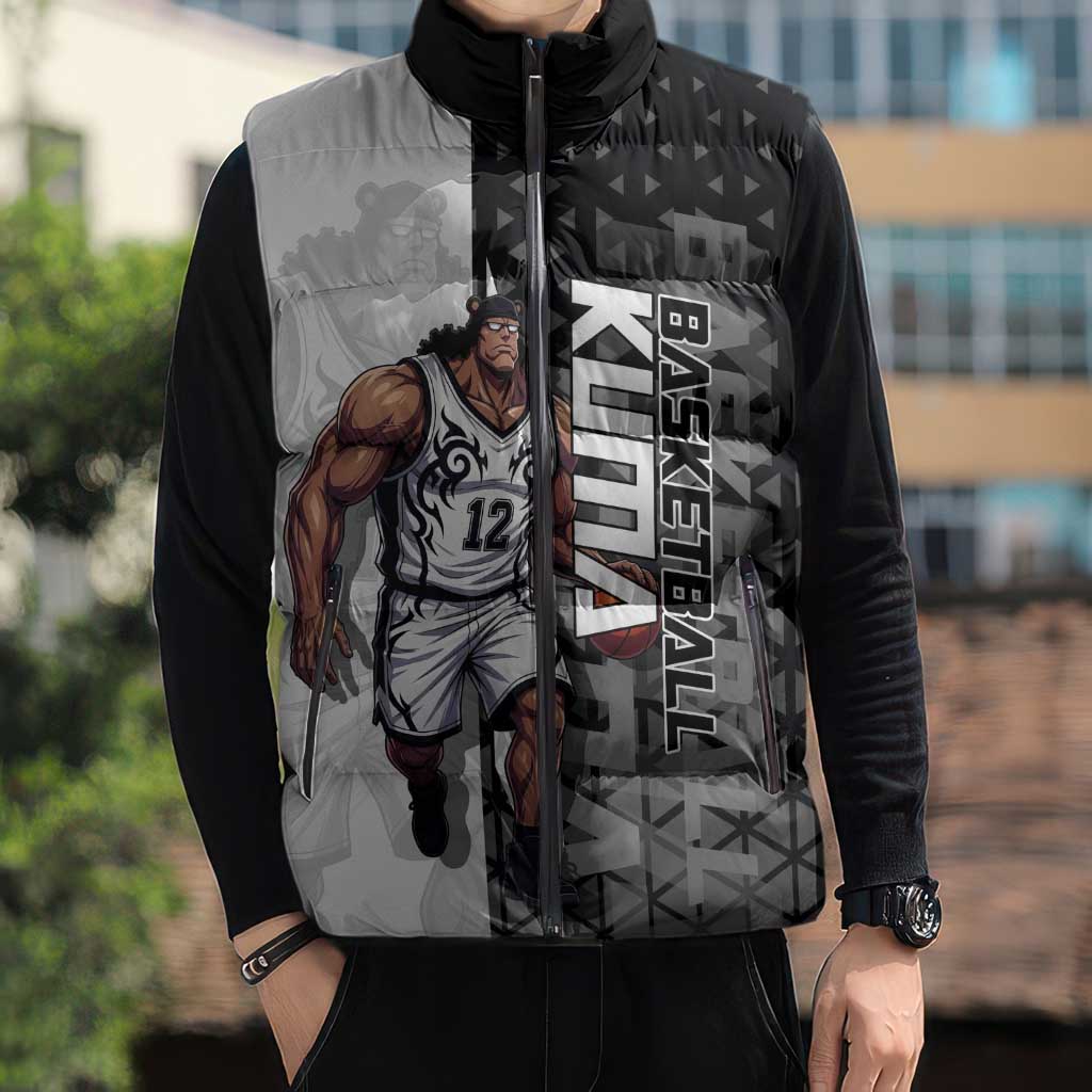 Bartholomew Kuma One Piece Basketball Crossover Design Sleeveless Puffer Jacket with Monochrome Geometric Background and Dynamic Pose - The Mazicc