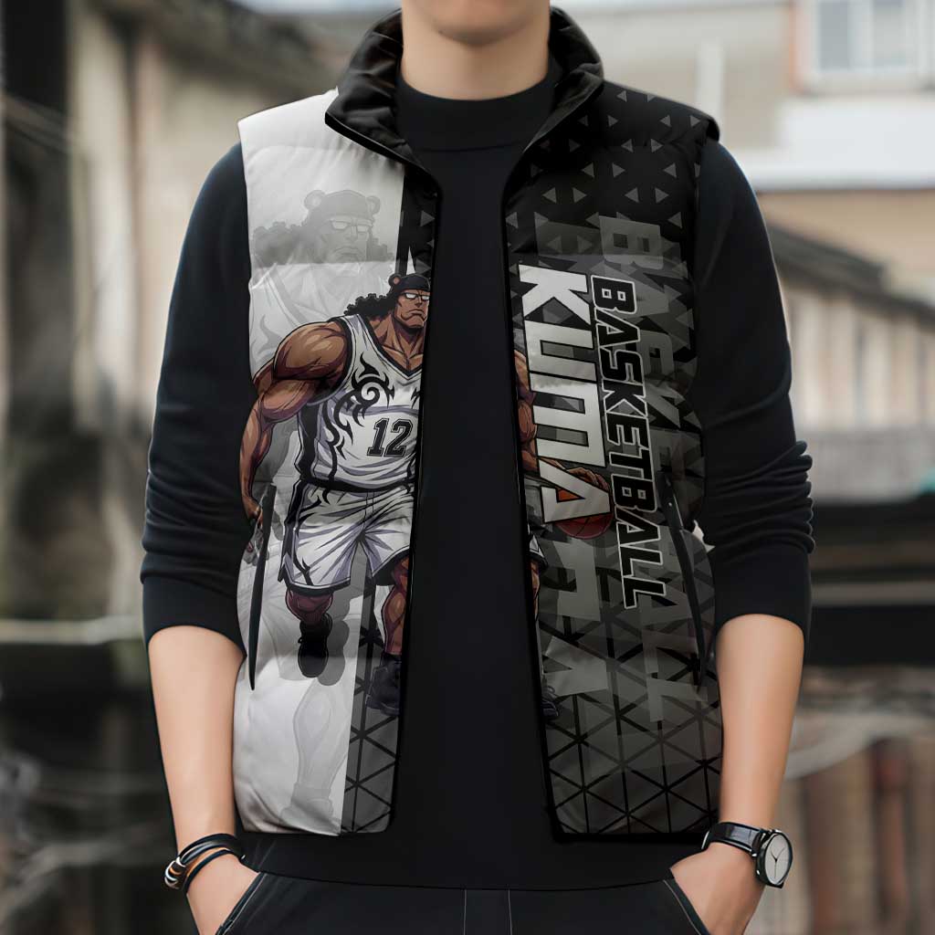 Bartholomew Kuma One Piece Basketball Crossover Design Sleeveless Puffer Jacket with Monochrome Geometric Background and Dynamic Pose - The Mazicc