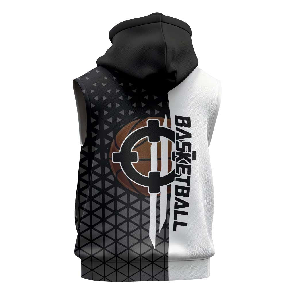 Bartholomew Kuma One Piece Basketball Crossover Design Sleeveless Zip Hoodie with Monochrome Geometric Background and Dynamic Pose - The Mazicc