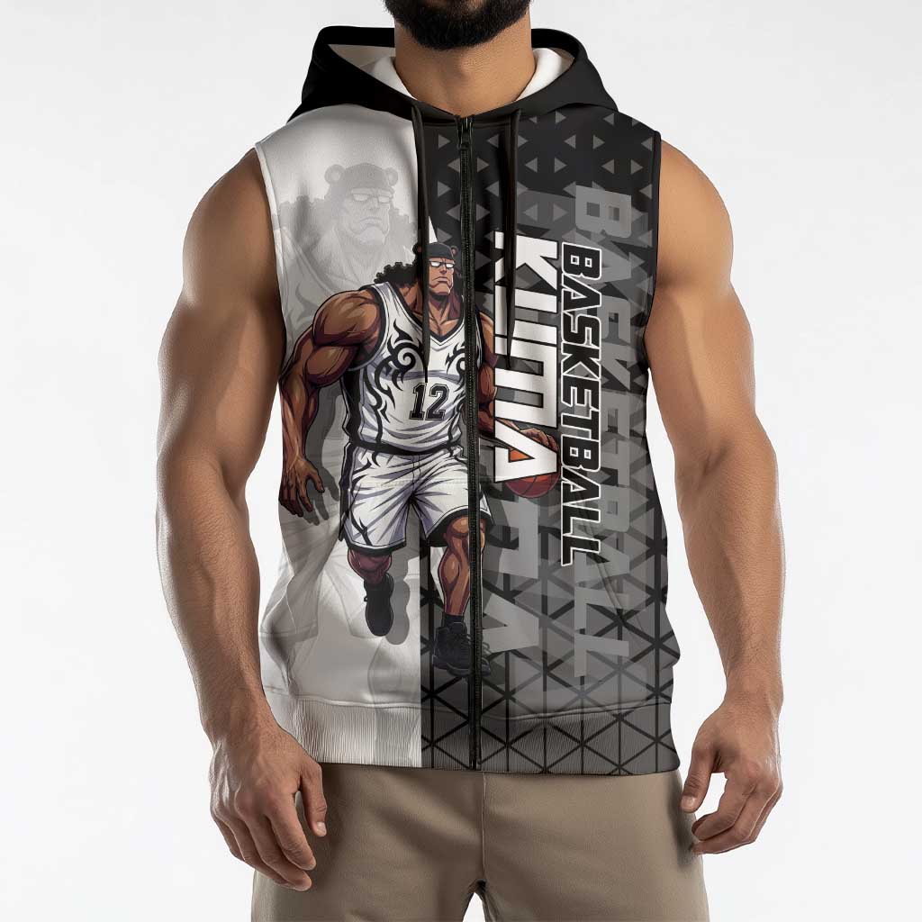 Bartholomew Kuma One Piece Basketball Crossover Design Sleeveless Zip Hoodie with Monochrome Geometric Background and Dynamic Pose - The Mazicc