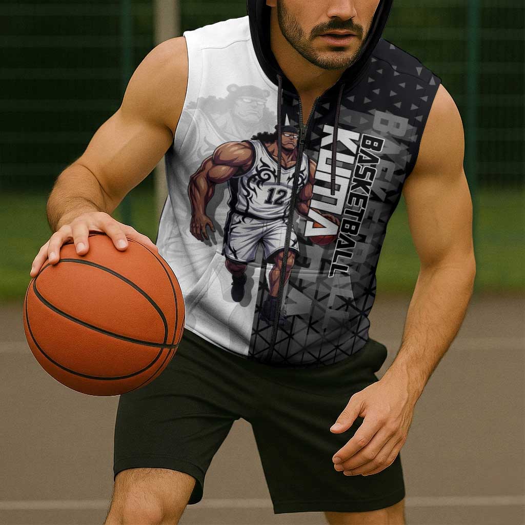 Bartholomew Kuma One Piece Basketball Crossover Design Sleeveless Zip Hoodie with Monochrome Geometric Background and Dynamic Pose - The Mazicc