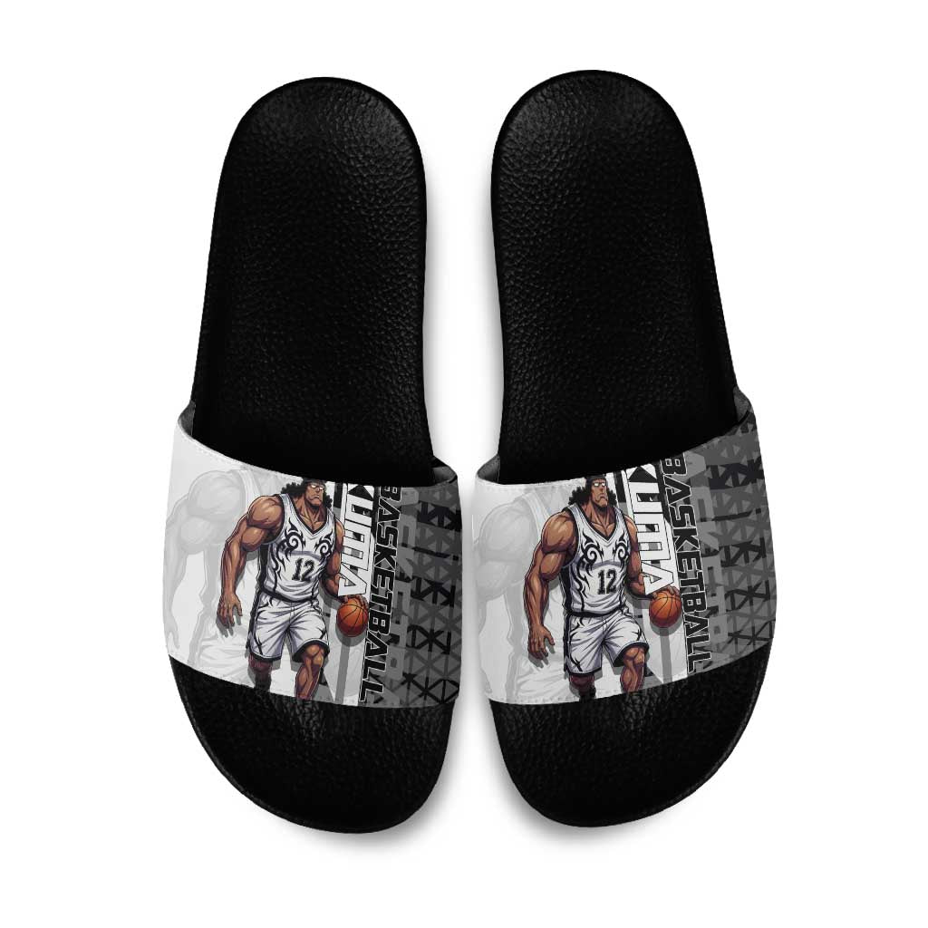 Bartholomew Kuma One Piece Basketball Crossover Design Slide Sandals with Monochrome Geometric Background and Dynamic Pose - The Mazicc
