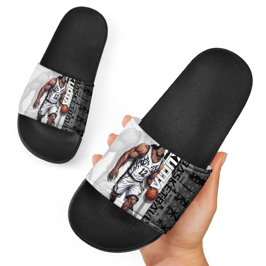 Bartholomew Kuma One Piece Basketball Crossover Design Slide Sandals with Monochrome Geometric Background and Dynamic Pose - The Mazicc