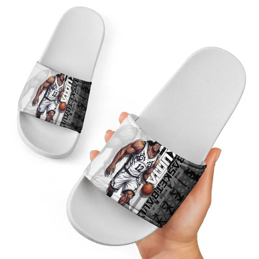 Bartholomew Kuma One Piece Basketball Crossover Design Slide Sandals with Monochrome Geometric Background and Dynamic Pose - The Mazicc