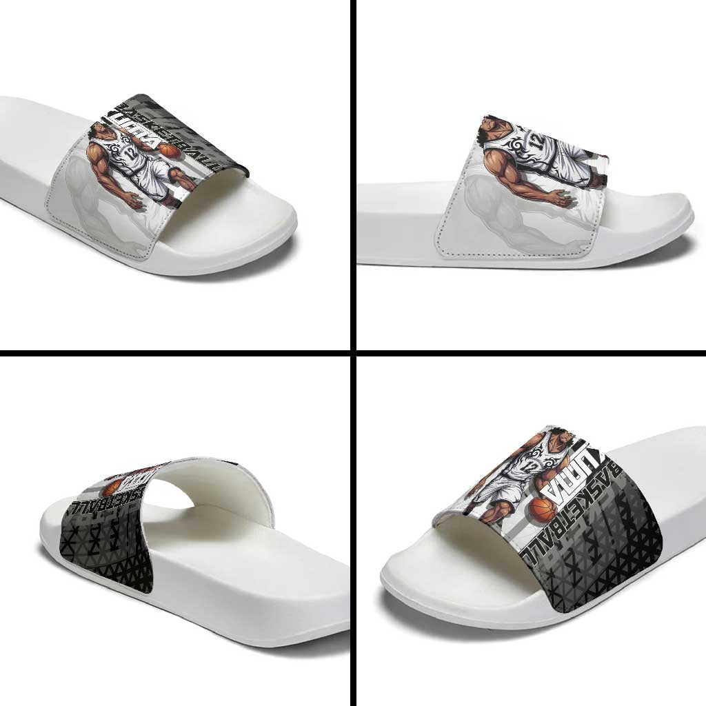Bartholomew Kuma One Piece Basketball Crossover Design Slide Sandals with Monochrome Geometric Background and Dynamic Pose - The Mazicc