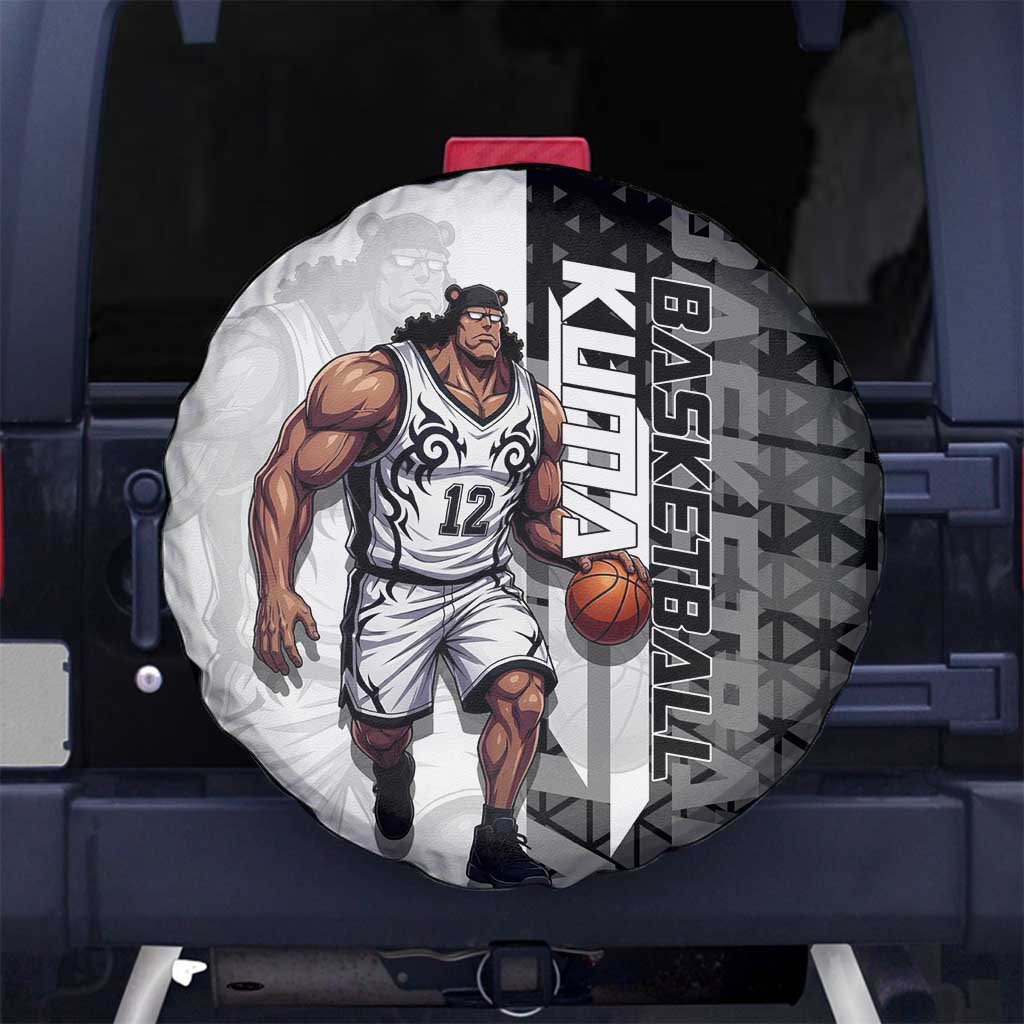 Bartholomew Kuma One Piece Basketball Crossover Design Spare Tire Cover with Monochrome Geometric Background and Dynamic Pose - The Mazicc