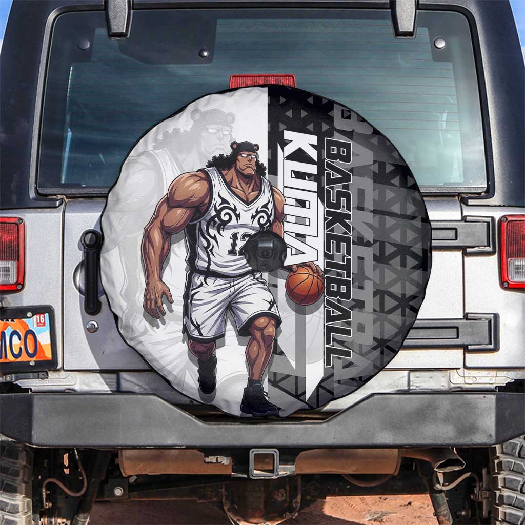 Bartholomew Kuma One Piece Basketball Crossover Design Spare Tire Cover with Monochrome Geometric Background and Dynamic Pose - The Mazicc