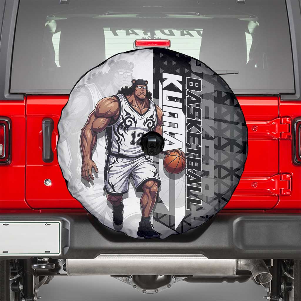 Bartholomew Kuma One Piece Basketball Crossover Design Spare Tire Cover with Monochrome Geometric Background and Dynamic Pose - The Mazicc