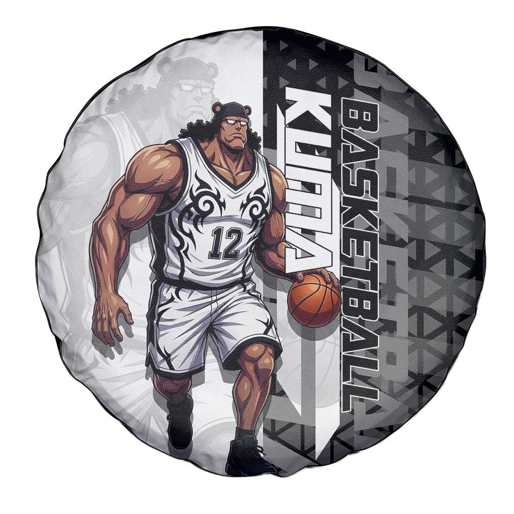 Bartholomew Kuma One Piece Basketball Crossover Design Spare Tire Cover with Monochrome Geometric Background and Dynamic Pose - The Mazicc