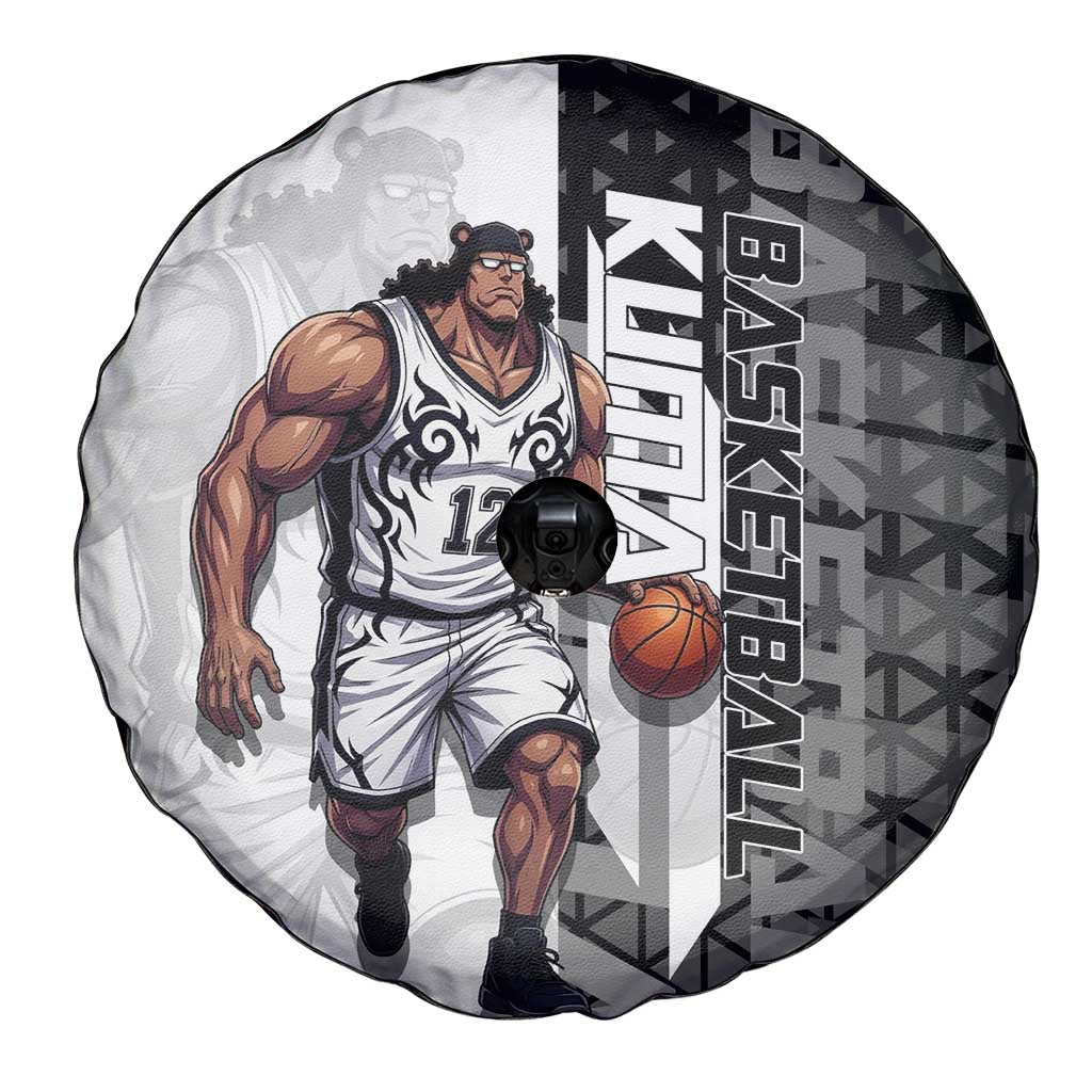 Bartholomew Kuma One Piece Basketball Crossover Design Spare Tire Cover with Monochrome Geometric Background and Dynamic Pose - The Mazicc