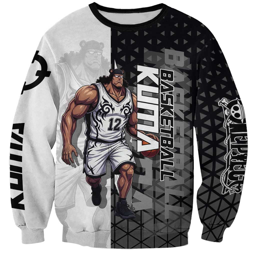 Bartholomew Kuma One Piece Basketball Crossover Design Sweatshirt with Monochrome Geometric Background and Dynamic Pose - The Mazicc