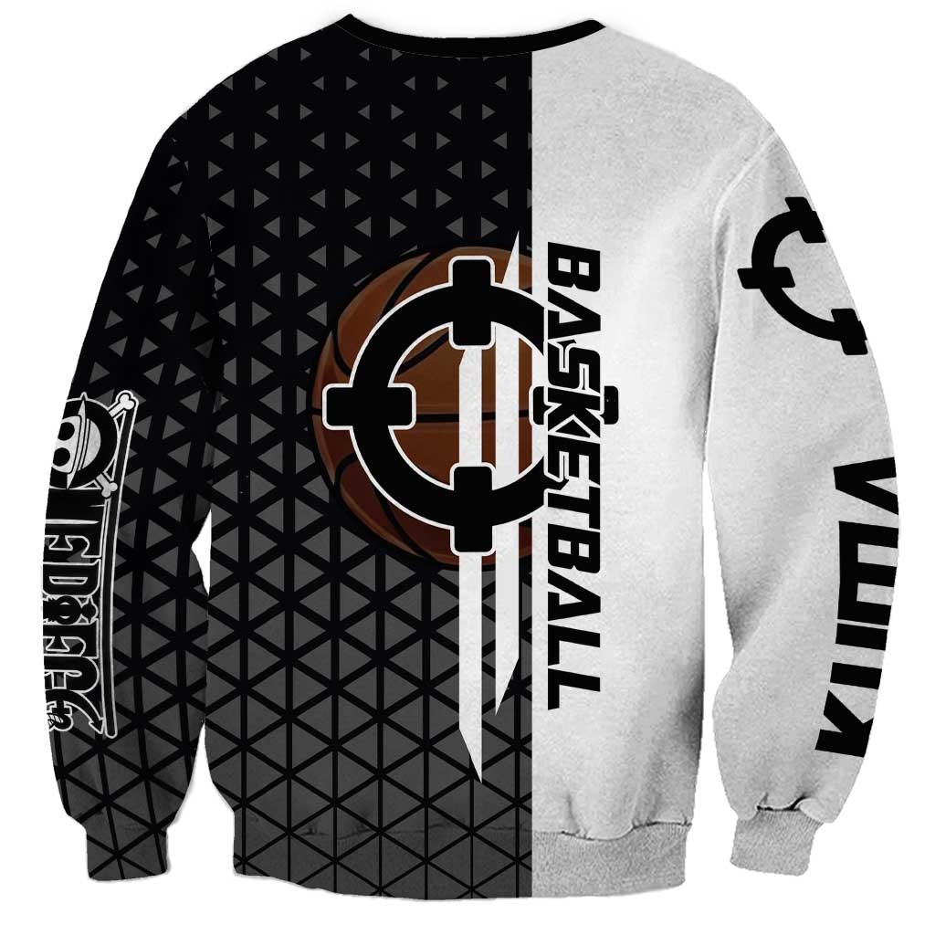 Bartholomew Kuma One Piece Basketball Crossover Design Sweatshirt with Monochrome Geometric Background and Dynamic Pose - The Mazicc