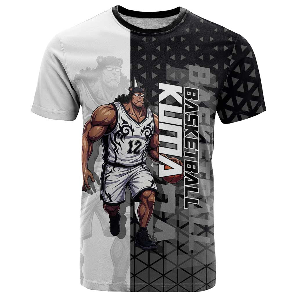 Bartholomew Kuma One Piece Basketball Crossover Design T Shirt with Monochrome Geometric Background and Dynamic Pose - The Mazicc