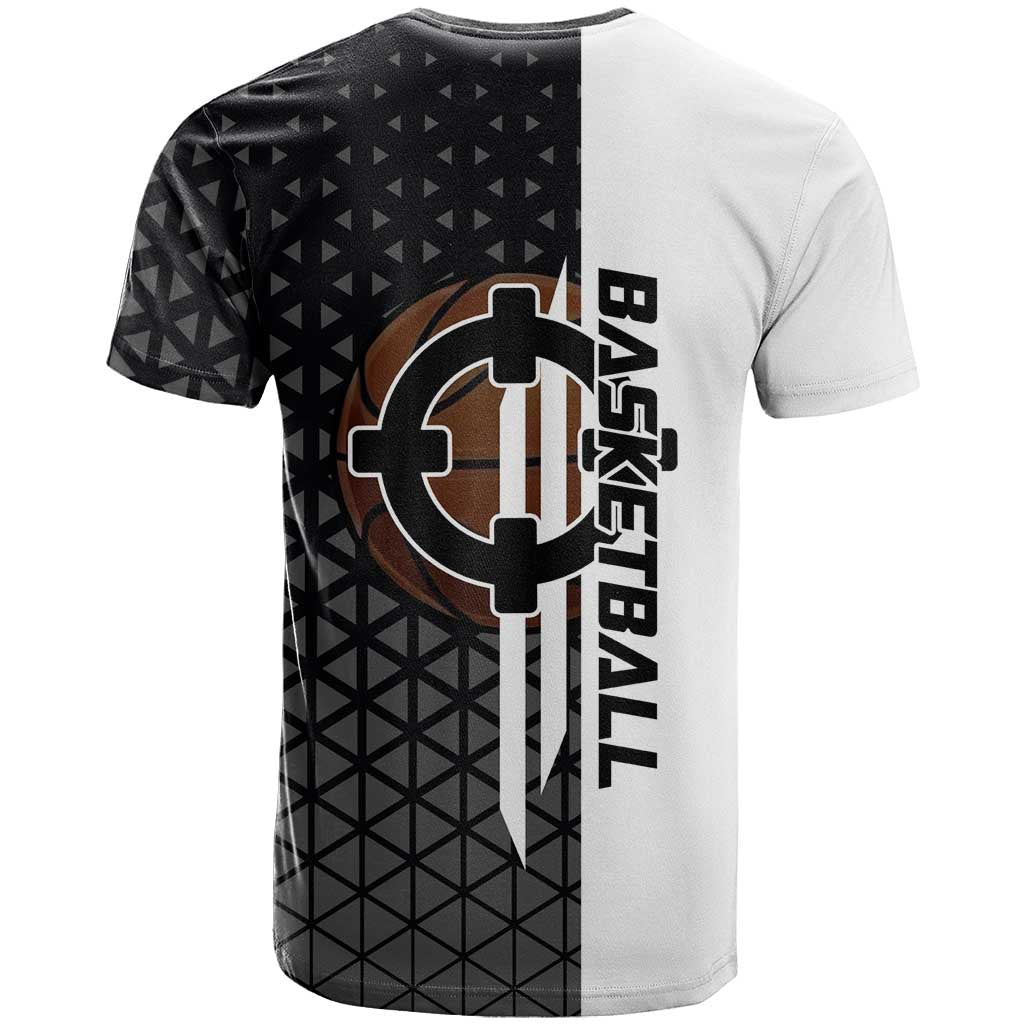 Bartholomew Kuma One Piece Basketball Crossover Design T Shirt with Monochrome Geometric Background and Dynamic Pose - The Mazicc