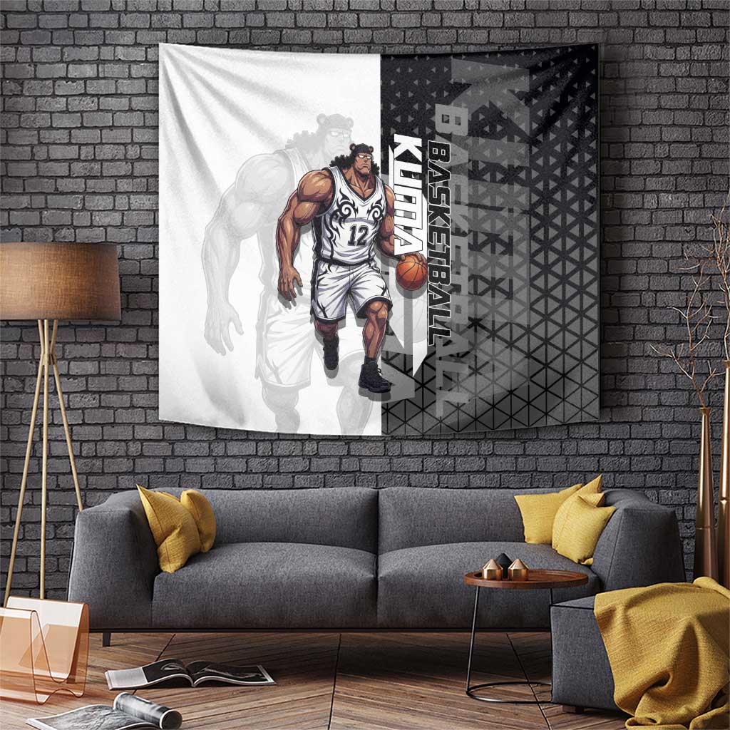 Bartholomew Kuma One Piece Basketball Crossover Design Tapestry with Monochrome Geometric Background and Dynamic Pose - The Mazicc
