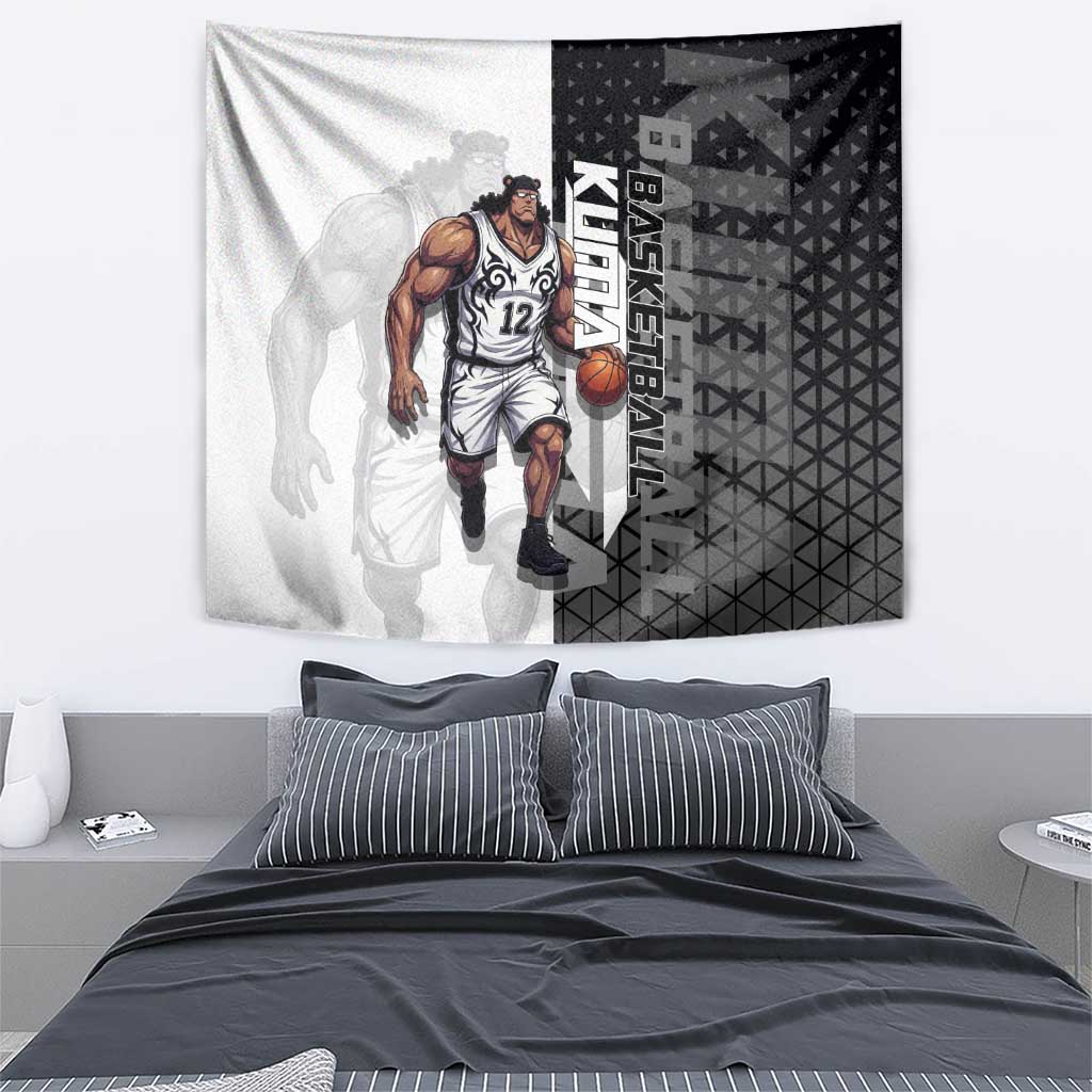 Bartholomew Kuma One Piece Basketball Crossover Design Tapestry with Monochrome Geometric Background and Dynamic Pose - The Mazicc
