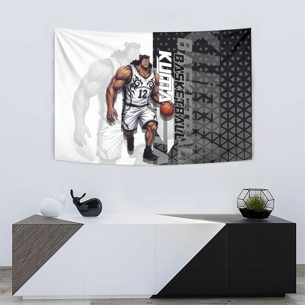 Bartholomew Kuma One Piece Basketball Crossover Design Tapestry with Monochrome Geometric Background and Dynamic Pose - The Mazicc