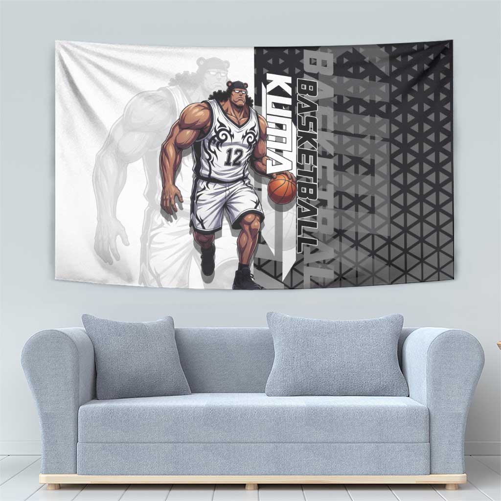 Bartholomew Kuma One Piece Basketball Crossover Design Tapestry with Monochrome Geometric Background and Dynamic Pose - The Mazicc