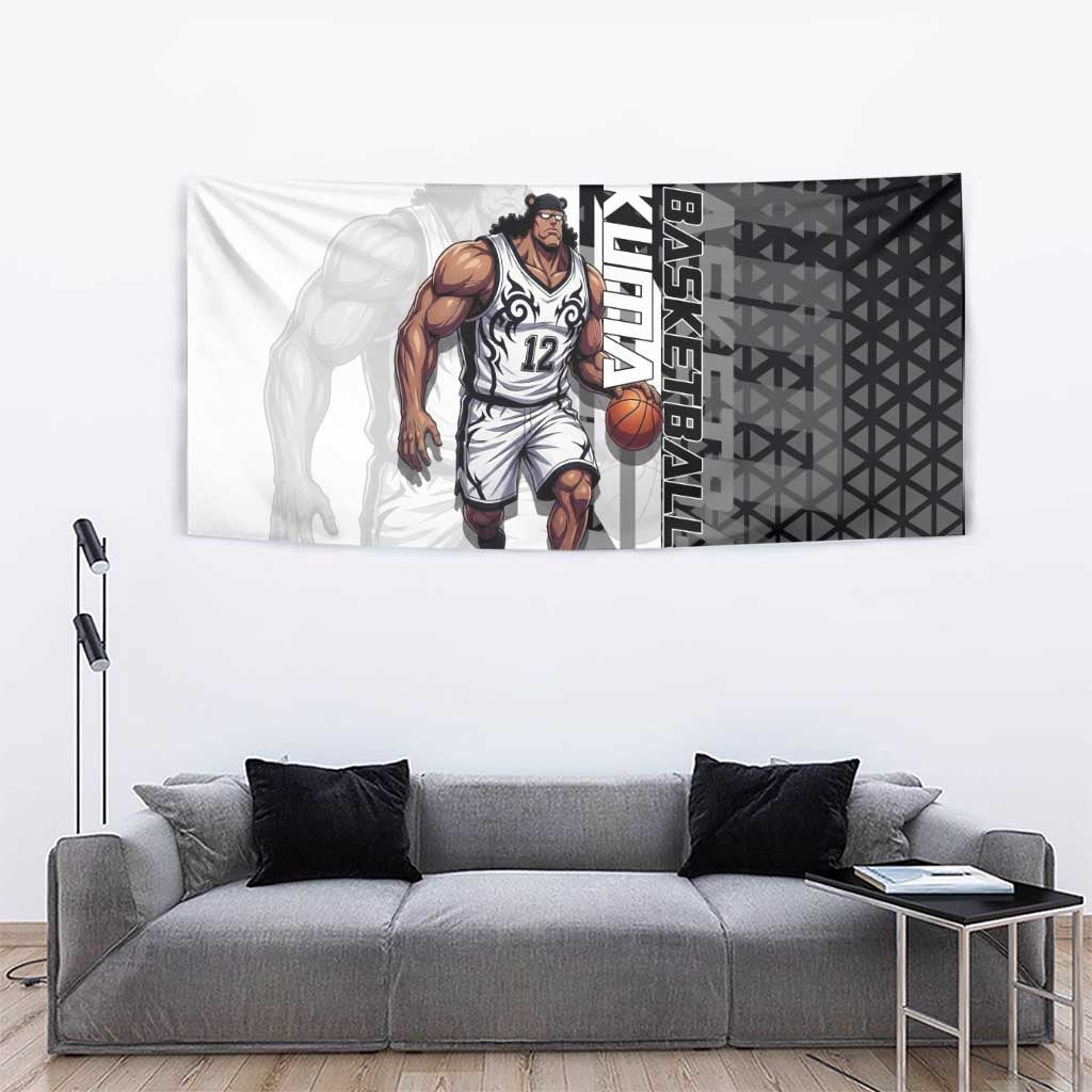 Bartholomew Kuma One Piece Basketball Crossover Design Tapestry with Monochrome Geometric Background and Dynamic Pose - The Mazicc