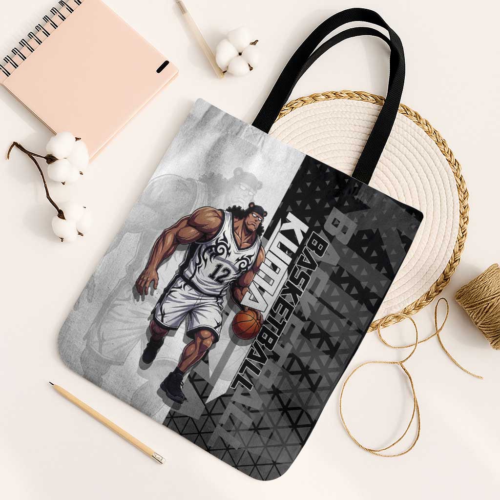 Bartholomew Kuma One Piece Basketball Crossover Design Tote Bag with Monochrome Geometric Background and Dynamic Pose - The Mazicc