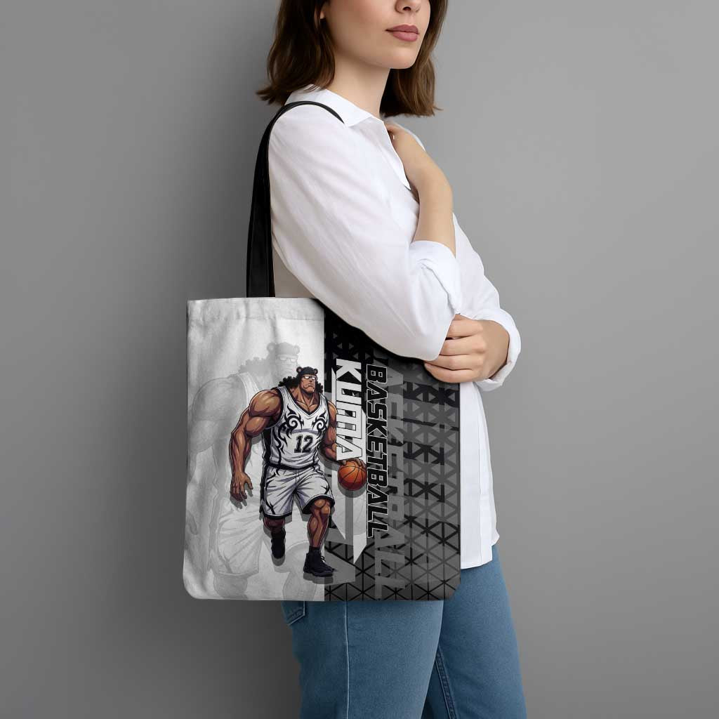 Bartholomew Kuma One Piece Basketball Crossover Design Tote Bag with Monochrome Geometric Background and Dynamic Pose - The Mazicc