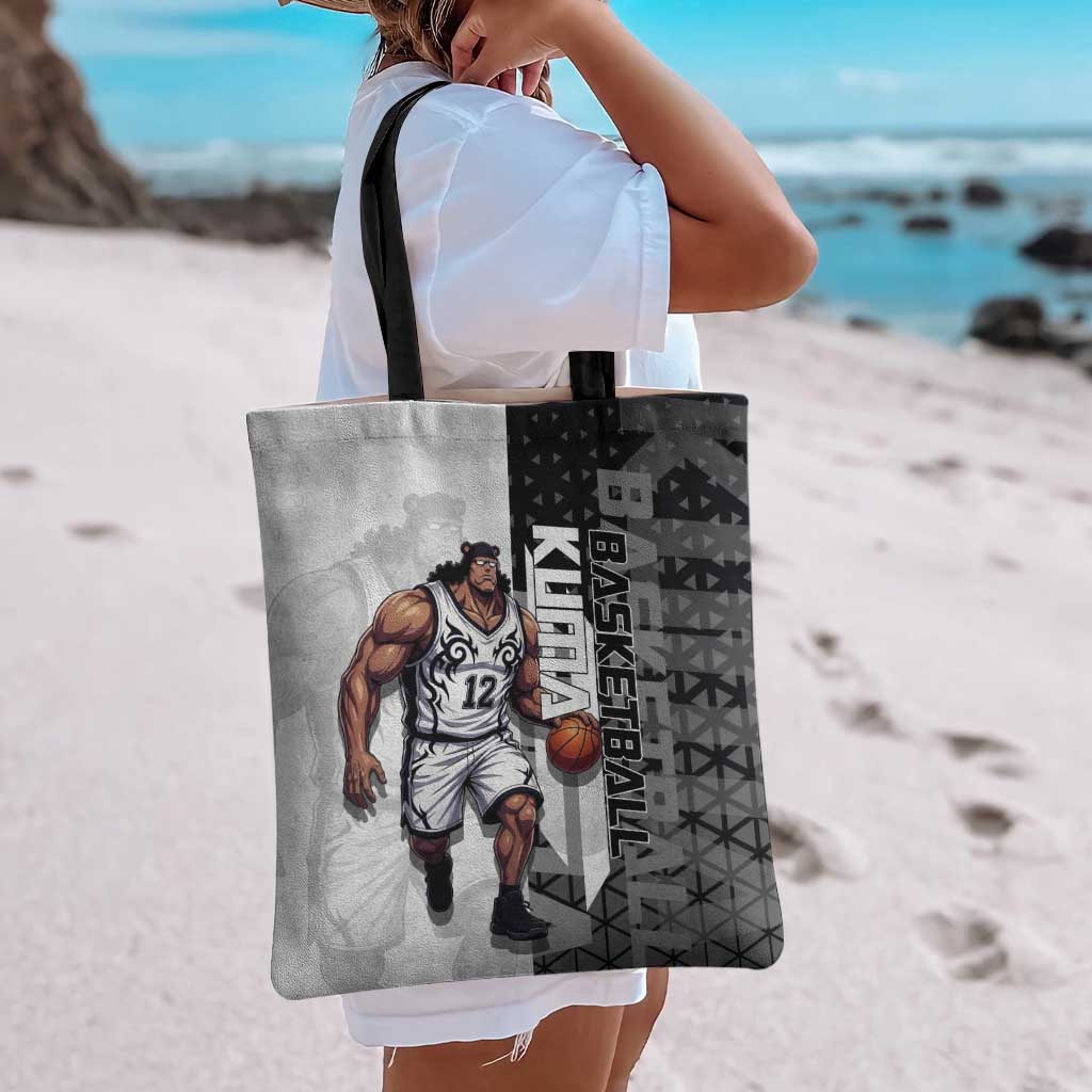 Bartholomew Kuma One Piece Basketball Crossover Design Tote Bag with Monochrome Geometric Background and Dynamic Pose - The Mazicc