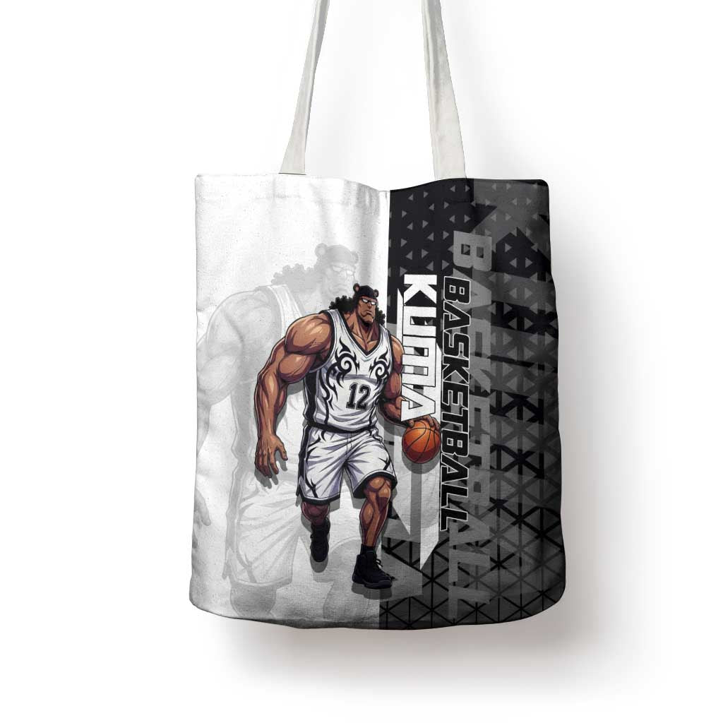 Bartholomew Kuma One Piece Basketball Crossover Design Tote Bag with Monochrome Geometric Background and Dynamic Pose - The Mazicc