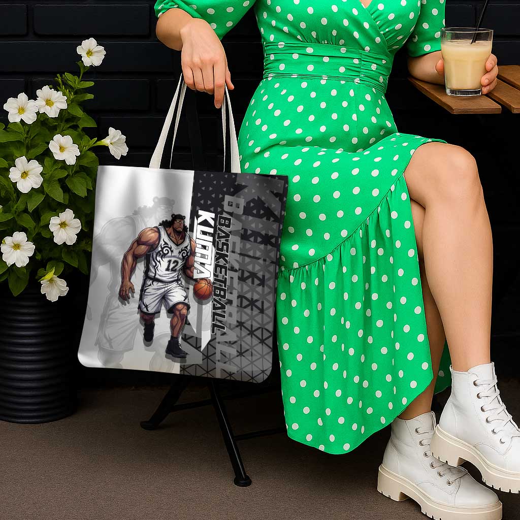 Bartholomew Kuma One Piece Basketball Crossover Design Tote Bag with Monochrome Geometric Background and Dynamic Pose - The Mazicc